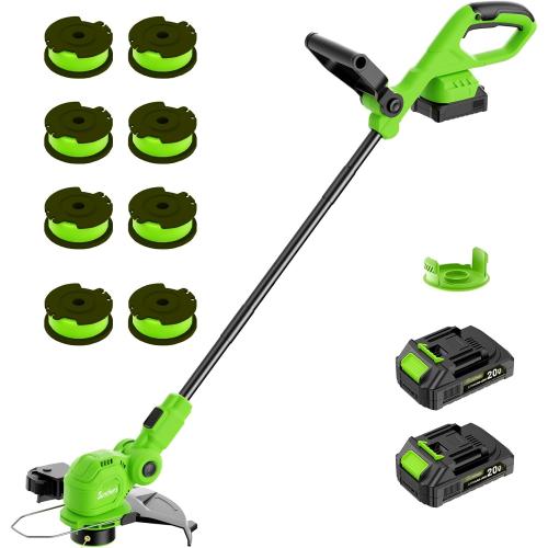 GREEN 12-inch 20V Cordless String Trimmer with Charger, 2 X 2.0Ah Battery Powered Grass Mover with Auto Line Feed, 2 in 1 Lawn Edger with 8 Pcs Grass Cutter Spool Line and 2 Spool Cap, Green