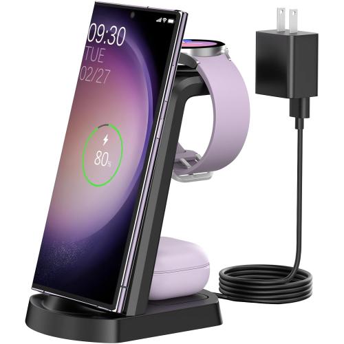 Wireless Charging Station for Samsung/Android, Fast Wireless Watch Charger Station Compatible for Samsung Galaxy S25 Ultra/S24/S23 /Z Flip 6/5 Fold 6/5, Watch7/6/Pro/Active 2 Galaxy Buds3/2 Pro(Dark)