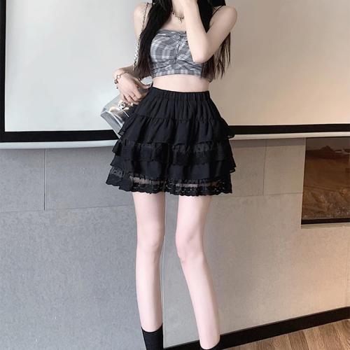 Lolita Goth Fashion Harajuku Kawaii Casual Style Elastic Waist Cute Layered Mesh Lace Hem Pleated Tiered Skirt