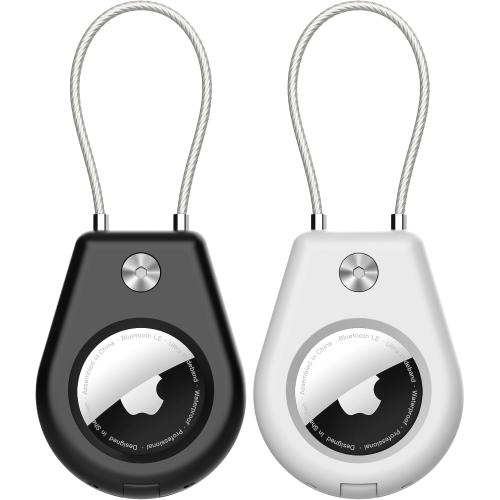 AirTag Secure Holder with Wire Cable, 2 Pack Air Tag Keychain Holders for Key Ring, Keys, Luggage, Backpack, Sturdy Protection Airtag Key Chain Lock Case – Black/White