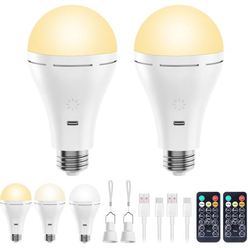 Brightown E26 Rechargeable Light Bulb with Remote and Timer, Battery Backup Bulb for Sconces and Lamps, Hanging LED Light Bulb with Hook for Camping Tent, Dimmable, 3 Color Temperatures, 2 Pack