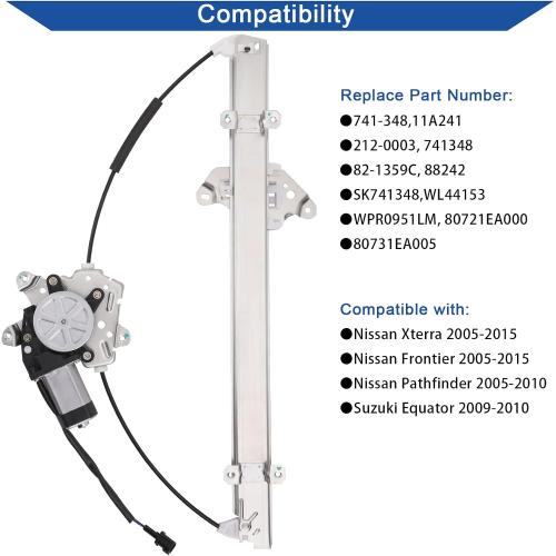 Obaee 741-348 Front Driver Side Power Window Lift Regulator with Motor (2 Pins Only) Compatible with Nissan Frontier 2005-2015/ Pathfinder 2005-2010/ Xterra 2005-2015/ Suzuki Equator 2009-2010