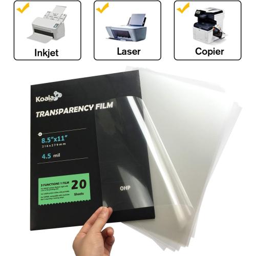 KOALA Transparency Film for Inkjet/Laser Jet Printers - 8.5 x 11 Inch 20 Sheets Printable Transparency Paper for OHP Film Overhead Projector Film or Craft Projects