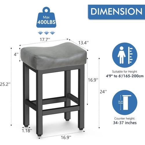Raynesys Counter Height Bar Stools Set of 3, 24 Inch Barstools for Kitchen Island Counter, Bonded Leather Kitchen Stools with Thick Saddle Seats & Heavy Duty Metal Base, Easy Assembly, Gray/Black
