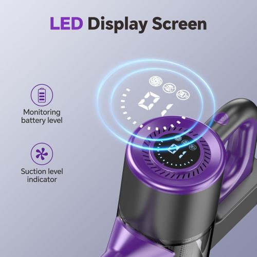 Cordless Vacuum Cleaner, Powerful Suction Vacuum Cleaners for Home, Stick Vacuum Cordless Rechargeable with LED Screen and 3-Speed Suction, Lightweight Handheld Vacuum for Pet Hair, Hard Floor, Carpet