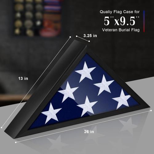 Glass Front Flag Display Case for 5' x 9.5' Folded Burial Flag, Black Solid Wood Frame, Wall Mount Military Flag Box Display Case for Veterans