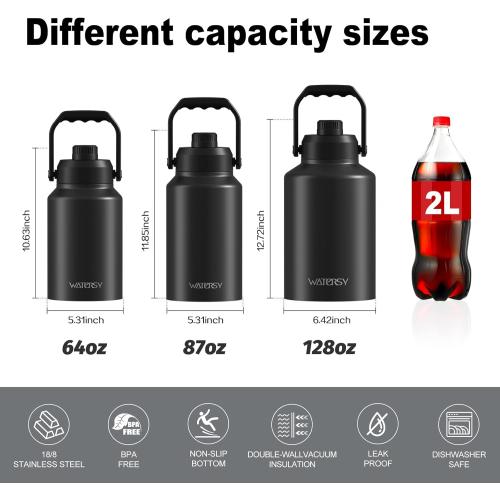 WATERSY 1 Gallon Water Bottle Insulated(Cold for 48 Hrs),BPA Free&Leak Proof,128oz Stainless Steel Water Jug with Handle for Gym,Hiking,Camping&Travel,Black Large Thermo