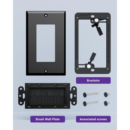 VCE Brush Wall Plate with Bracket, Cable Pass Through Insert Single Gang Decorator Wall Cover for Low Voltage Cables, Cord Hider for Wall Mount TV, Home Theater System, Black (2-Pack)