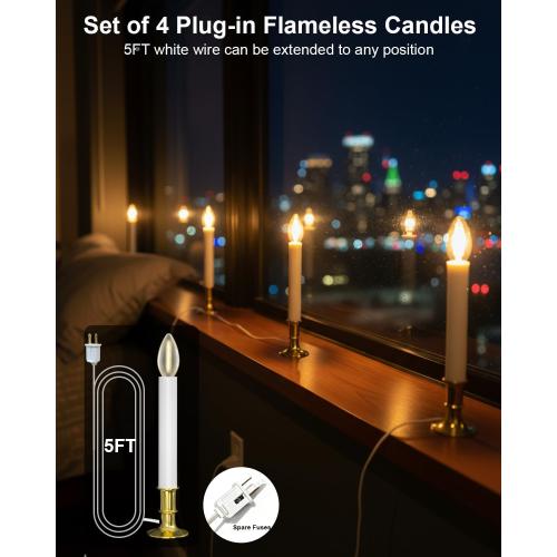 SUNSGNE Christmas Electric Window Candle Lights with Auto Sensor, Dusk to Dawn Candle Lamps with Gold Plated Base, 9'' Plug in Candle Lights with 0.6W LED E12 Bulbs for Window Table Decor, 4 Pack