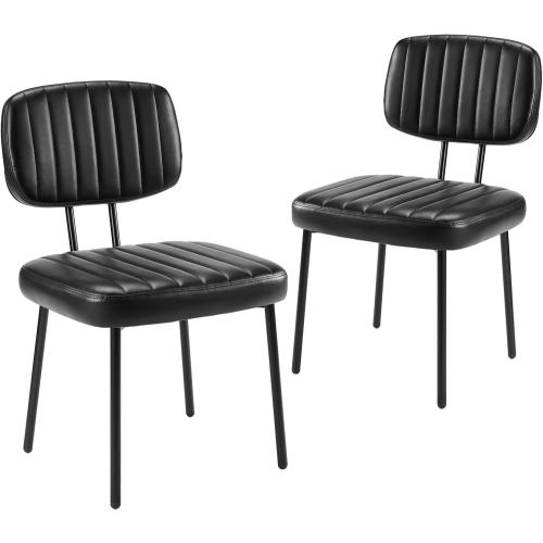 Sweetcrispy Dining Chairs Set of 2, Upholstered Mid Century Modern Kitchen Accent Chairs with Faux Leather Cushion Seat & Metal Legs for Home Office, Living Room - Black
