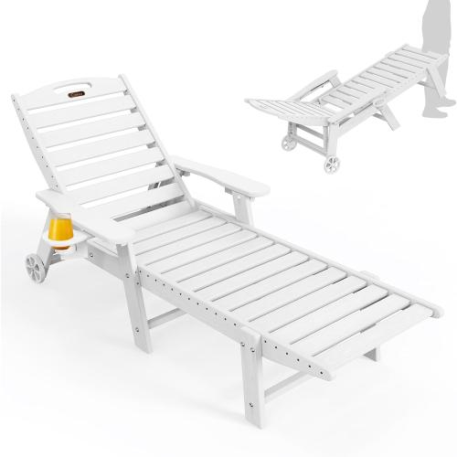 Ciokea Lounge Chair Outdoor, Oversized Chaise Lounge Chair with 5 Positions, HDPE, Patio Lounge Chair with Wheels & Cup Holder for Pool, Deck, Poolside, White