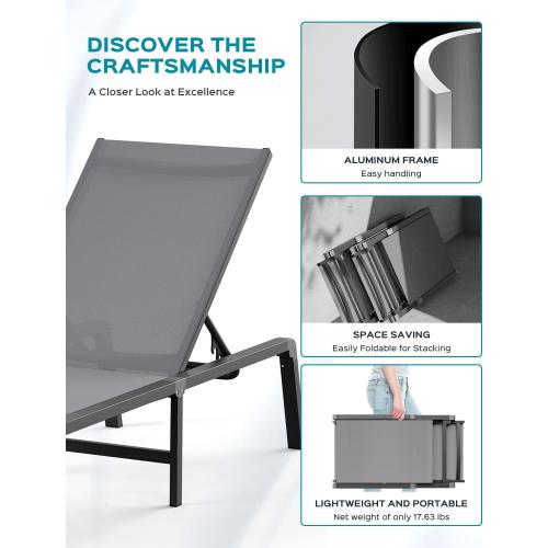 Aluminum Chaise Lounge Ourdoor - Foldable & Assemble Free Outdoor Lounge Chair with 5 Adjustable Backrest, Patio Lounge Chair for Outside Poolside Beach Pool, Grey