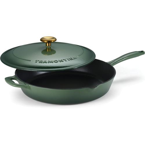 (White) Tramontina Bestow Enameled Cast Iron Skillet with Lid, 12-inch Frying Pan, Cactus with Gold Knob