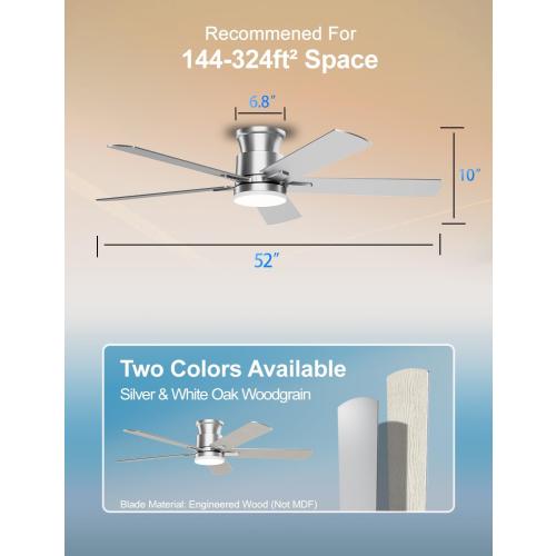 Nickel 52inch Ceiling Fans with Lights 52 Inch, Flush Mount, Remote Control, 3CCT Dimmable, 6 Speeds, Quiet Reversible DC Motor, Low Profile Silver Nickel Ceiling Fan for Bedroom, Living Room, Indoor/Outdoor, ETL
