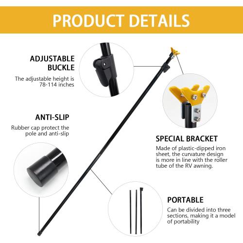 HUAALIUCHE RV Awning Tie Down Kit Pole with Yellow Strap, Awning Pole & Tie Down Kit Heavy Duty Campers,RV Awning Support Poles,Support System (Adjustable Length 78-114) - 2 Pack