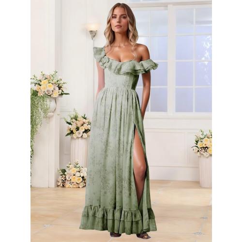 Size L...Floral Chiffon Long Bridesmaid Dresses for Women A Line Off Shoulder Formal Evening Gowns with Slit Ruffle Prom Dress