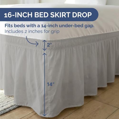 Wrap Around Dust Ruffle Bed Skirt - Light Grey - for Queen Size Beds w/ 16 Inch Drop - Easy Fit Elastic Strap - Adjustable Pleated Bedskirt with Brushed Fabric, Wrinkle Free Women, Men, Kids and Teens