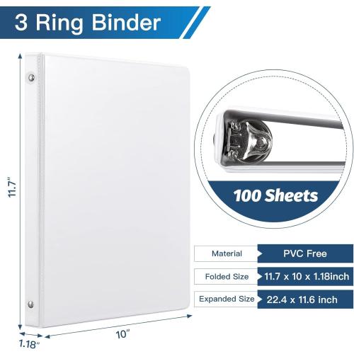 SUIN Bulk 12 Pack 0.5-inch 3 Ring Binders -Durable 1/2'' Binders with Roung Ring Binder, Large 100 Sheet Capacity, Fit 8.5 x 11 US Letter Size Paper, White (0.5'' White - 12 Packs)