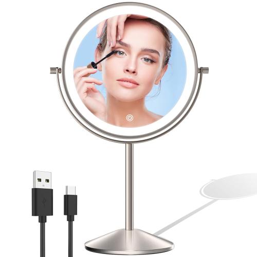 LOVESPEJO Makeup Mirror, 8 Rechargeable Magnifying Mirror with Light, 1x/10x 360°Rotation Touchscreen Lighted Makeup Mirror, 3 Colors Brightness Adjustable Vanity Mirror，Brushed Nickel