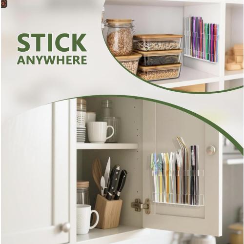 Transparent Acrylic Straw Holder, 9.5 Inch Adjustable Height Straw Storage Box, Wall-Mounted Cabinet Storage Rack, Kitchen Accessories