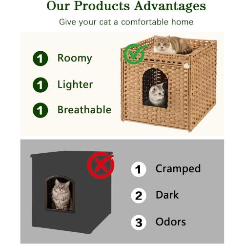 SETVSON Cat Litter Box Enclosure Furniture, Large PE Rattan Cabinet,Natural | Large PE Rattan Kitty House fits Large Litter Boxes, Included Litter Mat, 2 S-Hooks, Metal Frame, 21.6x26x21.6 In Cat Cabinet