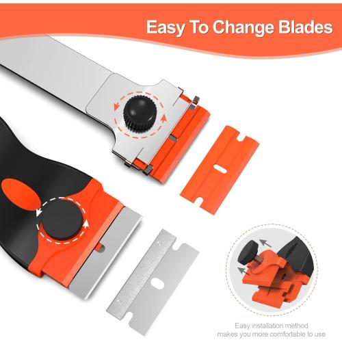 Ywmoml 3 Pack Razor Blade Scraper Set, Includes 30 Plastic & 30 Metal Blades, Multi-Purpose Tool for Glass, Cooktop, Sticker Removal, Paint & Gum Cleaning (Orange)