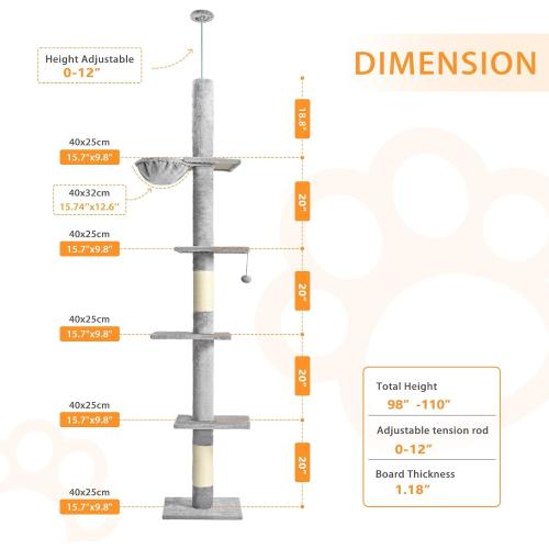 Floor to Ceiling Cat Tree,5 Tiers Tall Cat Tower with Adjustable Height(98-110),Cat Tree Floor to Ceiling with Cozy Hammock,Sisal Scratching Posts,Platforms,and Hanging Balls for Large Cats