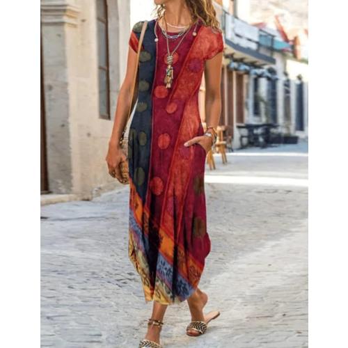Women Large Summer Casual Maxi Dress Floral Printed Loose Pockets Short Sleeve Split Boho Dresses