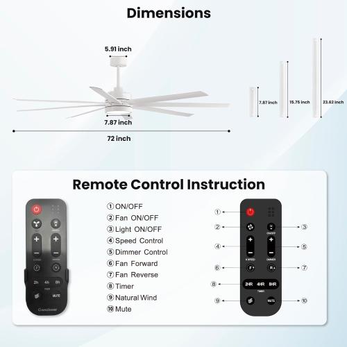 Modern Ceiling Fans with Lights, 72 Inch Ceiling Fan with Remote for Bedroom Living Room Kitchen Library Cafe Outdoor/Industrial Use,24W 3CCT 8 Blades 6 Speed Reversible Quiet DC Motor, White