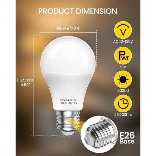 A19 LED Light Bulbs with Remote Control, 9W LED Bulbs 60W Equivalent, 3000K-6000K Dimmable Bulbs E26 Base, Remote Control Light Bulbs with Timing, Memory Function, for Home Decor, 2Bulb & 1Remote