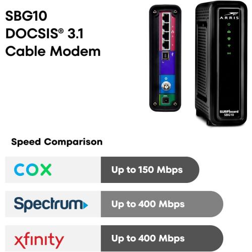 ARRIS (SBG10) - Cable Modem Router Combo - DOCSIS 3.0 16 x 4 Gigabit & AC1600 WiFi, For Comcast Xfinity, Cox, check with ISP for compatibility [Not for Spectrum] 400 Mbps Max Internet Speeds