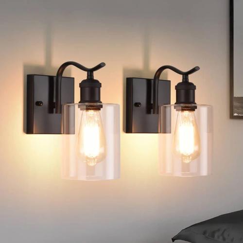 HOXIYA 2 Pack Matte Black Bathroom Vanity Light, Farmhouse Industrial Modern Wall Sconce Lighting Fixtures with Clear Glass Shade for Hallway Entryway Bathroom
