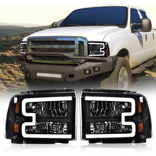 PIT66 LED Headlight Assembly Compatible with 2005-2007 Ford F250 F350 F450 F550 Super Duty /2005 Excursion (Not Fit Sealed Beam Headlight model) Headlamp Clear Lens Black Housing Amber Reflector
