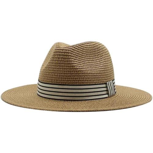 Sun Hats For Women Men Panama Wide Brim Straw Fedora Hat With Striped Band Foldable Summer Sun-Shading Floppy Hat