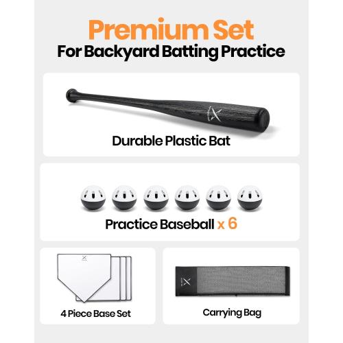 Grand Slam Baseball Bat Set, Includes 1 Plastic Bat, 6 Perforated Balls and 4 Throw Down Bases for Youth, Teenagers, Adults