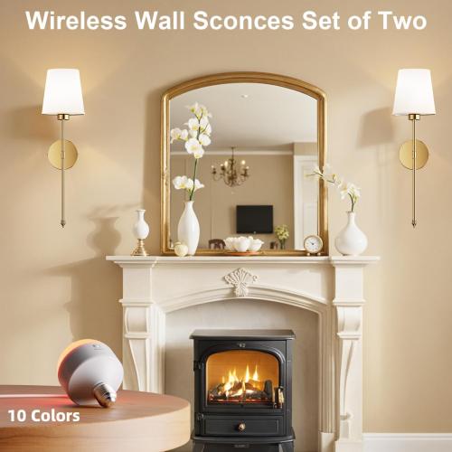Wall Sconces Battery Operated Set of 2, Rechargeable Wall Sconce, 10 Colors Wireless Wall Sconces Set of Two, 5200mAh Dimmable Bulbs and Remote, for Bedroom Living Room, Hallway Decor (24 inch - Gold)