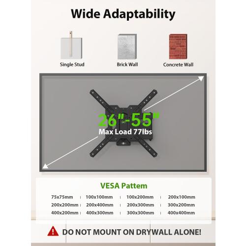 USX MOUNT UL Listed Full Motion TV Mount, Swivel Articulating Tilt TV Wall Mount for 26-55Inch LED, 4K, Wall Mount Bracket with VESA 400x400mm Up to 77lbs, Perfect Center Design -XMM006-1