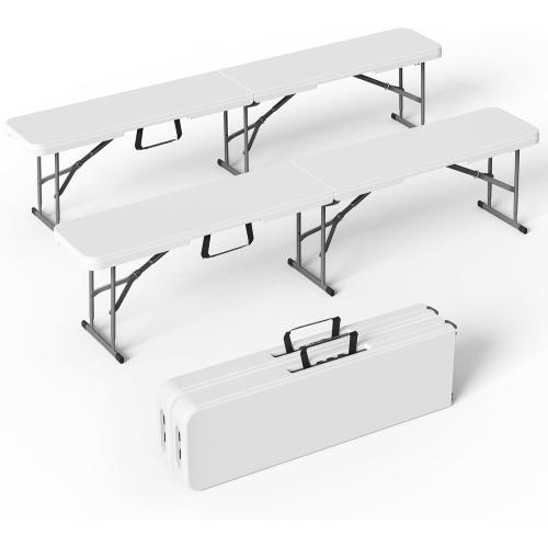 VSOAEIL 6 Foot Folding Bench, Portable Plastic Folding Bench Seat, Foldable Seat for Indoor Outdoor Picnic Camping Dining, Soccer Garden Multipurpose Entertaining Activities, White, 2 Pack