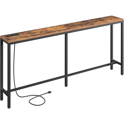 Size 70.9'' Console Table with Power Outlet, Narrow Sofa Table, Industrial Entryway Table with USB Ports, Behind Couch for Entryway, Hallway, Foyer, Living Room, Rustic Brown CTHR18E01Z1
