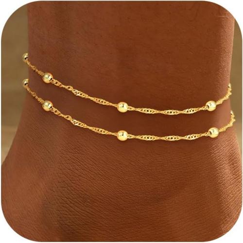 Ankle Bracelets for Women - 14K Gold Plated Waterproof Cuban Water Wave Chain Beads Rhinestone Anklets Set Layered Anklet Bracelets for Women Gold Jewelry Gift