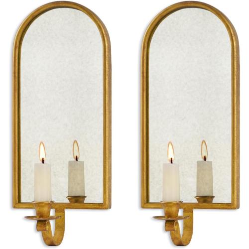 NIKKY HOME Gold Wall Candle Sconces Set of 2, Antique Mirrored Wall Taper Candle Holder - Vintage Elegant Metal Hanging Candlestick for Living Room, Bathroom, Dining Room and Office