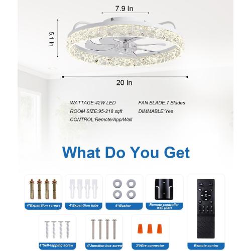 Ceiling Fans with Lights and Remote, 19.7 Low Profile Ceiling Fan with Light, 3000-6500K Dimmable，Stepless Color Temperature Change and 6 Speeds for Bedroom, Kids Room and Living Room (White)