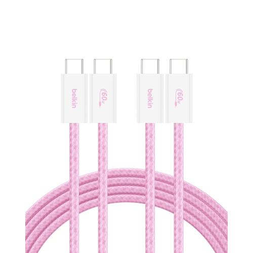 Belkin USB C to USB C Cable 2-Pack, 6.6ft, 60W - Type C Charger, iPhone Charger Cord, Soft, Braided, Flexible for iPhone 17, Galaxy S25, Pixel 10, Airpods, iPad Pro & More, Travel Essentials - Pink