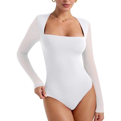 Size S PINKMSTYLE Womens Mesh Square Neck Long Sleeve Bodysuit Going Out Tops Date Night Outfit 2025