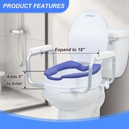 Raised Toilet Seat with Handles, Add 5 inch, Fits Round Toilet | With Cushioned|300 lbs|Includes lid|Adjustable Width|Blue color|for bathroom use