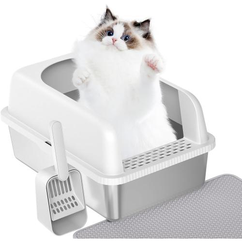 Size 19.6 L x 14 W x 12 H  Stainless Steel Cat Litter Box with Lid High Wall Sides Enclosure, Non-Sticky, Anti-Leakage, Easy Cleaning, with Cat Mat & Metal Scoop, 19.6 L x 14 W x 12 H