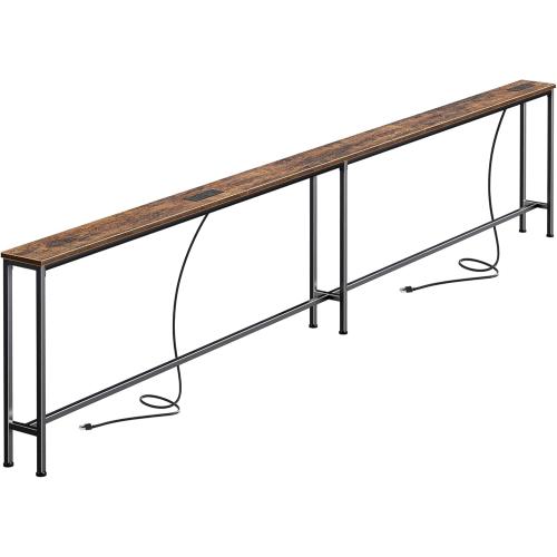 SUPERJARE 110.2 Inch Sofa Table with 2 Power Outlets and USB-C Port, 5.9 Inch Narrow Console Table with Storage, Extra-Long, for Entryway Hallway Couch Behind Sofa, Small Spaces, Rustic Brown
