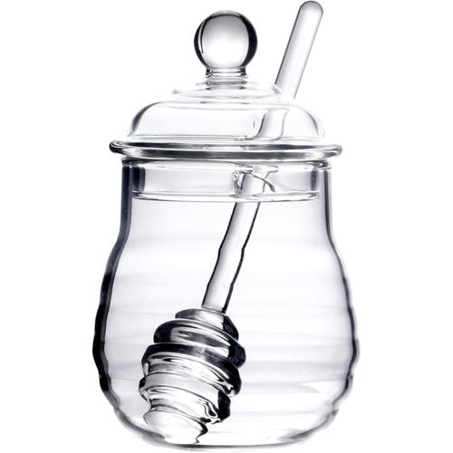 Lawei Glass Honey Jar with Dipper and Lid, 10 OZ Heat-Resistant Bee Hives Honey Pot, Clear Glass Honey Container for Store Honey and Syrup, Home and Kitchen, Easy to Clean, Dishwasher Safe