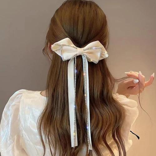 2 PACK Hair Bows Sparkly Rhinestone Tassel Hair Clips Barrettes Bowknot with Long Brocade Tassel Ribbon Claw Hair Accessories for Women and Girls (Black and White)
