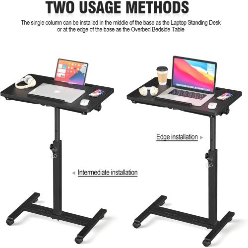 Black Adjustable Overbed Bedside Table, Hospital Bed Table with Wheels, Portable Rolling Desk, Mobile Small Standing Desk, Rolling Laptop Stand, Computer Cart